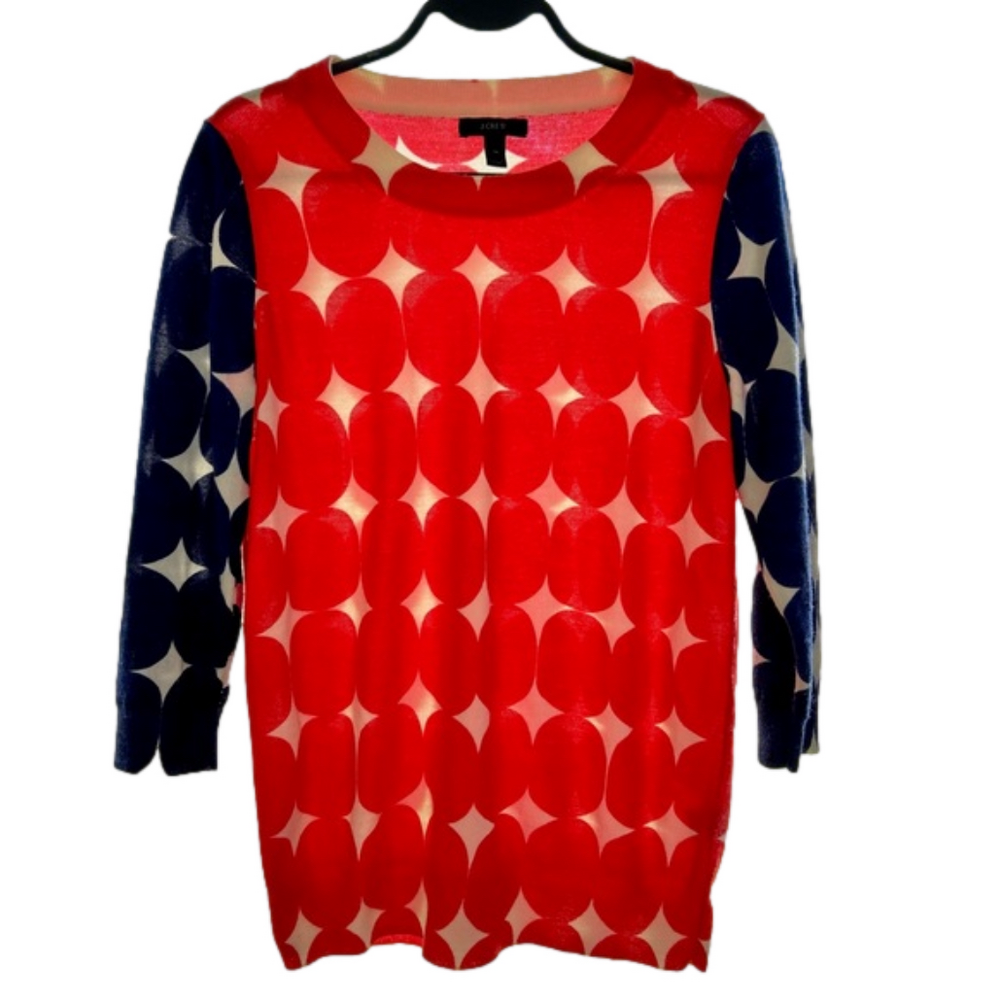 J. Crew Women’s Sweater Red White Blue Size M Merino Wool 3/4 Sleeve Crew Neck